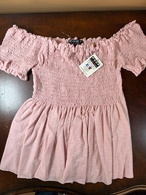 Poof! Light Pink Smocked Off-Shoulder Tunic